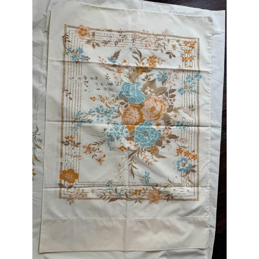 VTG FULL Sheet Set Tan Orange Blue Floral Flowers Tastemaker Percale 70s‎ Hippie